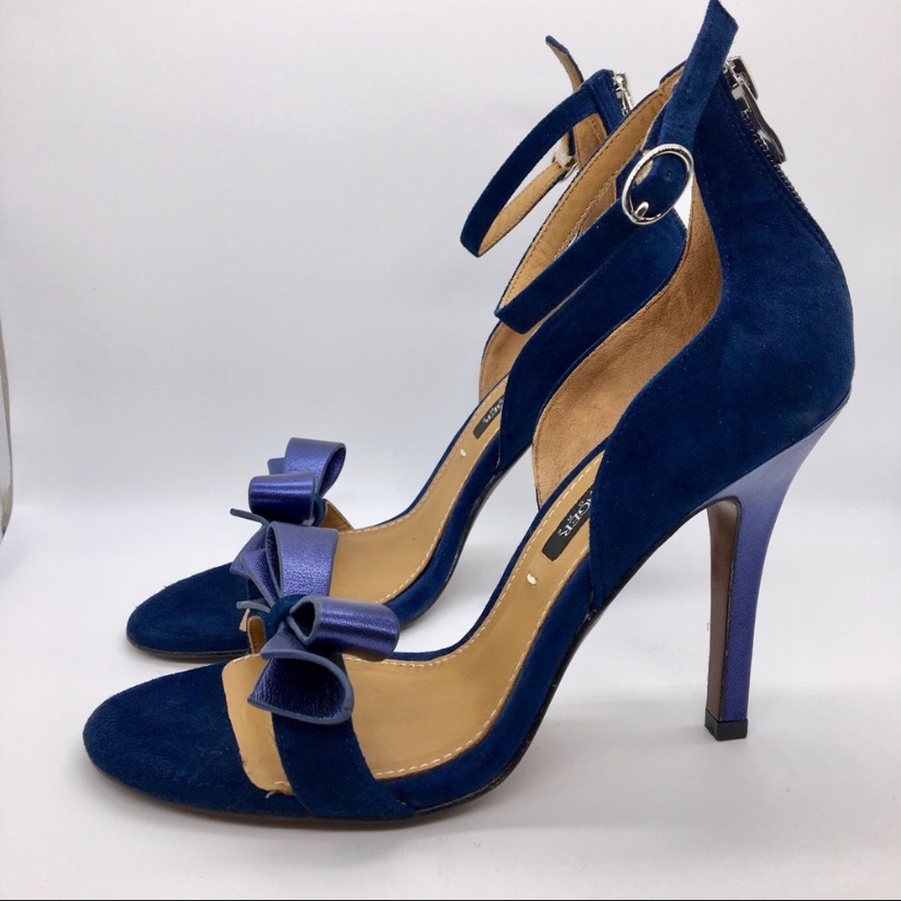 Kay Unger Deep Blue Suede Metallic Ankle Strap Bow Heels